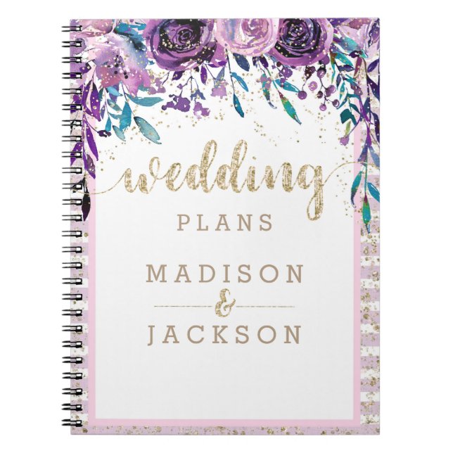 Caderno Espiral Chic Purple Floral Champanhe Dourado Planner (Frente)