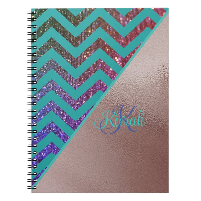 Caderno Espiral Chic Rosa Dourado Glittery Chevron Teal Green Name (Frente)