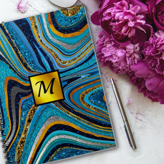 Caderno Espiral Chic Sparkle Glitter marble art blue gold monogram (Criador carregado)