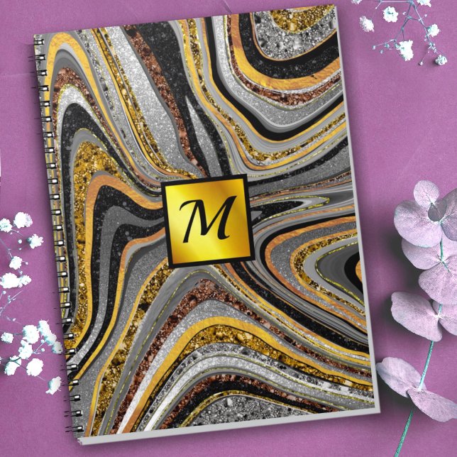 Caderno Espiral Chic Sparkle Glitter marble cinza monograma (Criador carregado)
