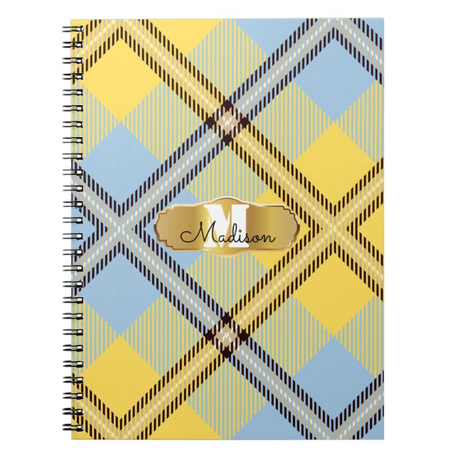 Caderno Espiral Chic Yellow Blue Tartan Dourado Monograma Nome do  (Frente)