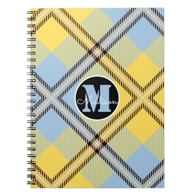 Caderno Espiral Chic Yellow Blue Xadrez Tartan Monograma Nome do S (Frente)