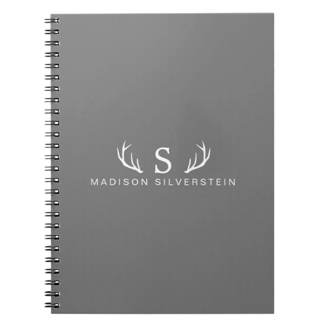 Caderno Espiral Chifre de Veado Elegante Monograma Cinza (Frente)