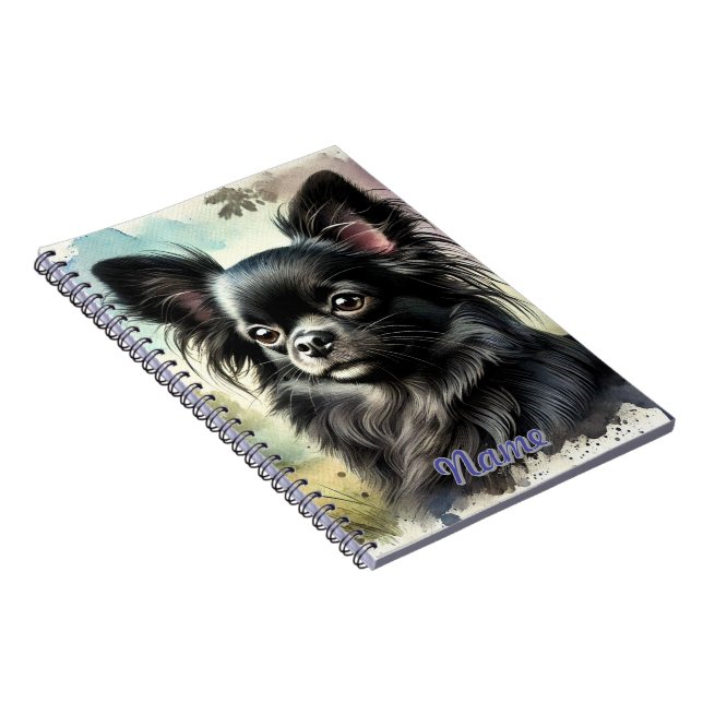 Caderno Espiral Chihuahua de Cabelo Longo Negro em Watercolor (Lado Direito)