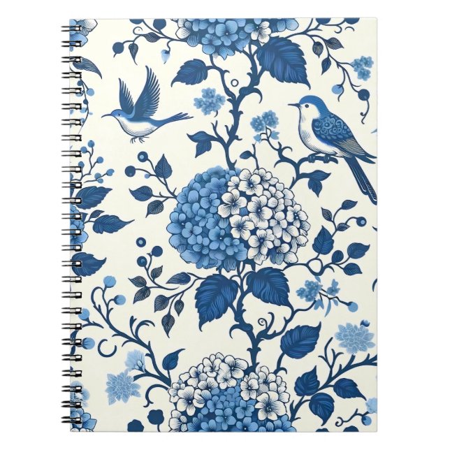 Caderno Espiral Chinoiserie Chic, Hydrangeas e Bluebird (Frente)