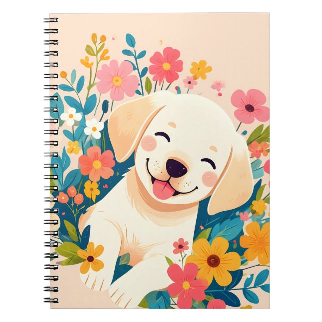 Caderno Espiral chiot labrador jaune au milieu des fleurs (Frente)
