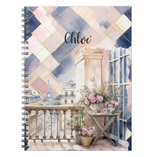 Caderno Espiral Chique Azul Rosa Francês Paris Torre Eiffel