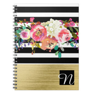 Caderno Espiral Chique elegante Glam floral moderno preto do ouro