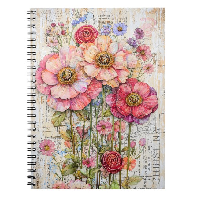 Caderno Espiral Chique Floral Ephemera Pink Red Flowers S7L (Frente)