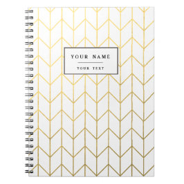 Caderno Espiral Chique moderno do fundo branco Dourado de Chevron