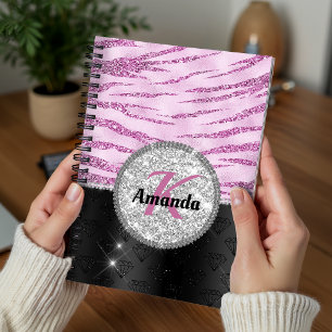 Caderno Espiral Chique monograma de impressão animal em lantejoula