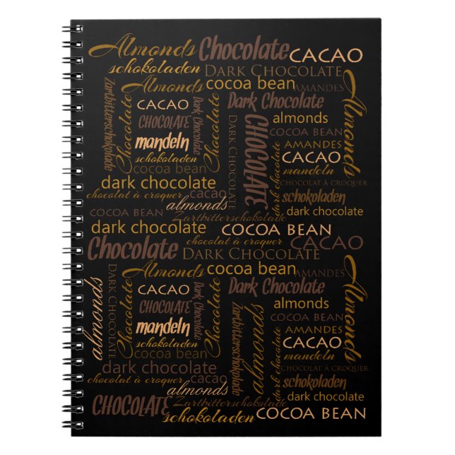 Caderno Espiral Chocolate, amêndoas e Design de texto de chocolate (Frente)