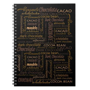Caderno Espiral Chocolate, amêndoas e design de texto escuro do