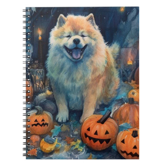 Caderno Espiral Chow Chow de Halloween com Abóboras Assustador (Frente)