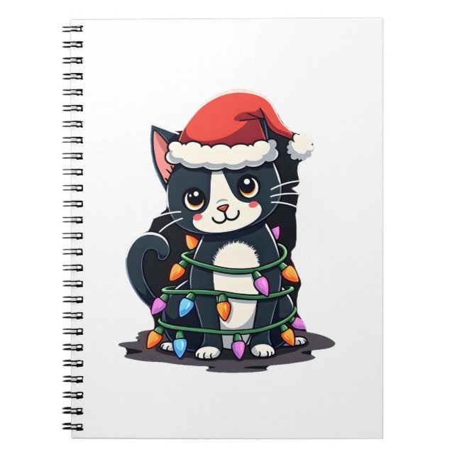 Caderno Espiral Christmas Cat Tuxedo black cat xmas lights kitty c (Frente)