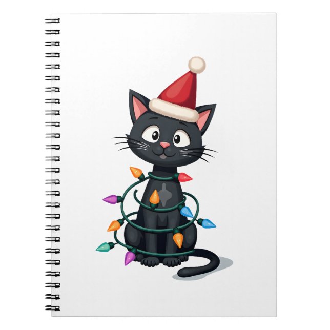 Caderno Espiral Christmas Cat Tuxedo black cat xmas lights kitty c (Frente)