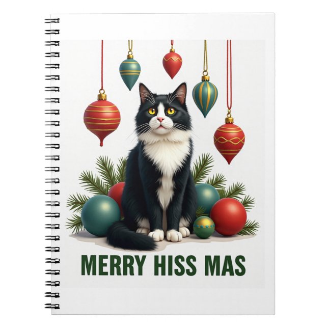 Caderno Espiral Christmas Tuxedo Cat with Holiday Decorations Merr (Frente)