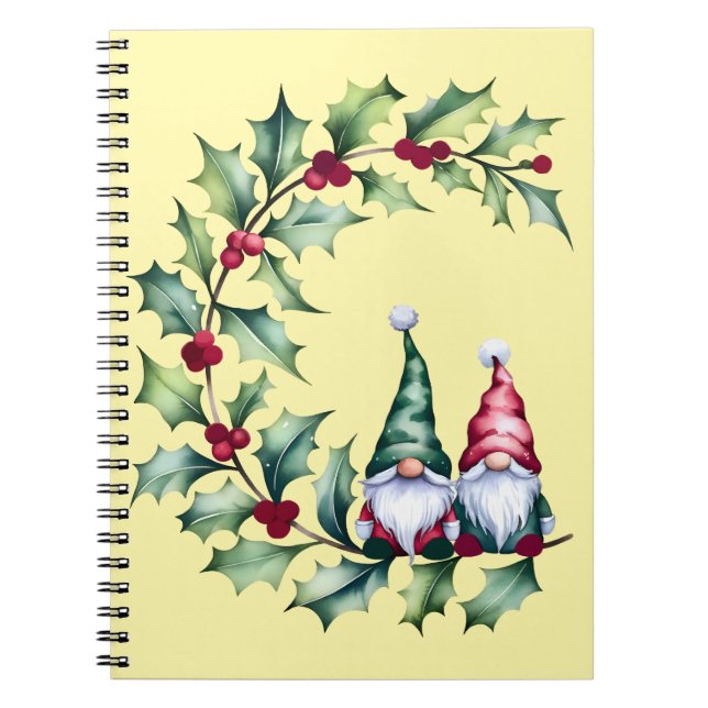 Caderno Espiral Christmas Watercolor Gnomes Sitting On Holly Twig (Frente)
