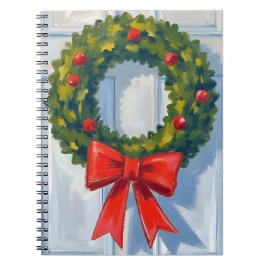 Caderno Espiral Christmas Wreath Red Bow White Watercolor