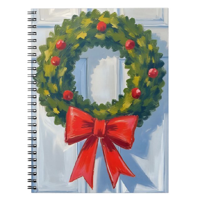 Caderno Espiral Christmas Wreath Red Bow White Watercolor (Frente)