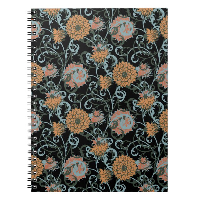 Caderno Espiral Chrysanthemum Black Background, Floral Vintage. (Frente)