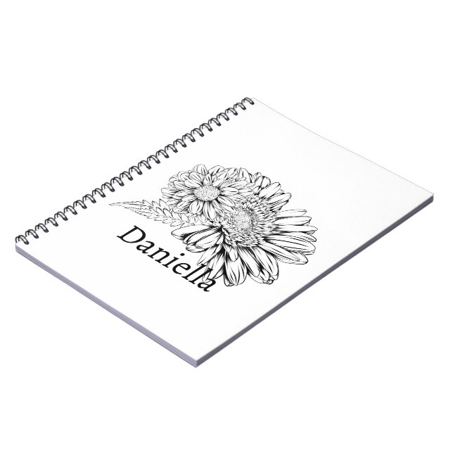 Caderno Espiral Chrysanthemum Black Line Drawing with Your Name  (Left Side)