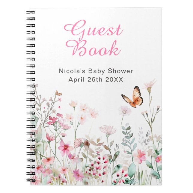 Caderno Espiral Chuva de Bebê Flor de Borboleta Rosa Profundo de P (Frente)