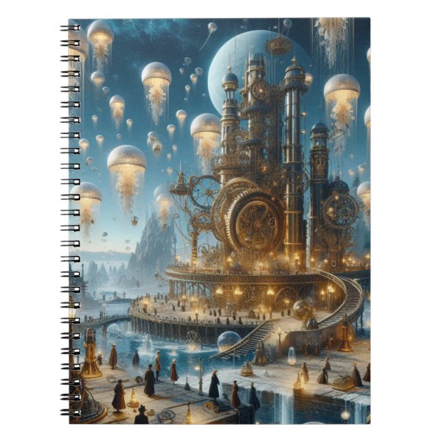Caderno Espiral Cidade Antiga Futurística Steampunk com medusa (Frente)