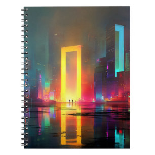 Caderno Espiral Cidade Futurista com Portal Neon Radiante