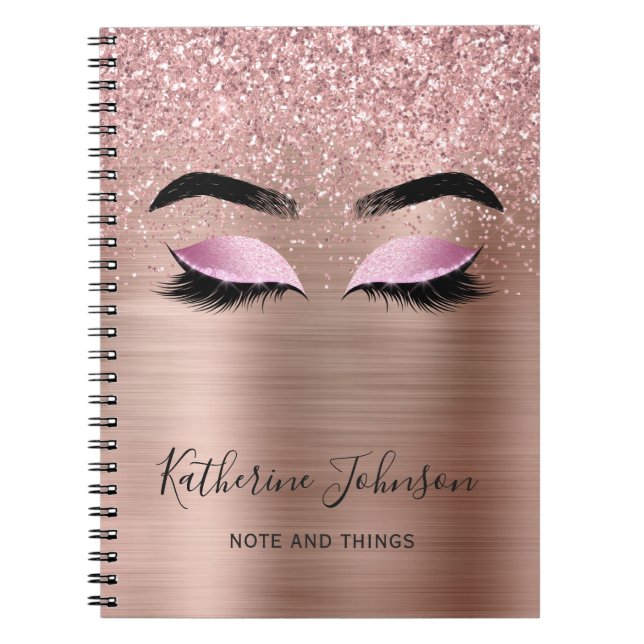 Caderno Espiral Cílios com Brilho Dourado Rosa Glam Monograma de B (Frente)