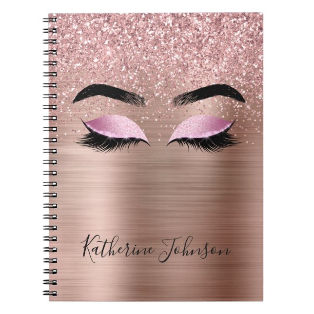 Caderno Espiral Cílios com Brilho Glam Rosa Dourado Monograma Beau (Frente)