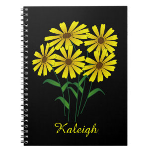 Caderno Espiral Cinco Flores Amarelas em Personalizado Preto