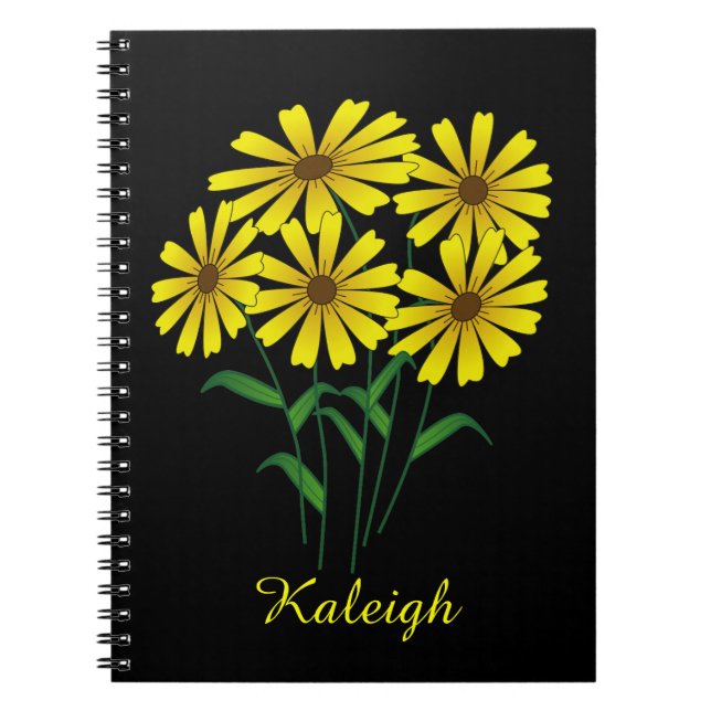 Caderno Espiral Cinco Flores Amarelas em Preto Personalizado (Frente)