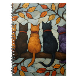 Caderno Espiral Cinco Gatos em um Galho de Árvore Estilo Vidro Col