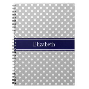 Caderno Espiral Cinza Bolinhas Branco Marinho Azul Nome Monograma