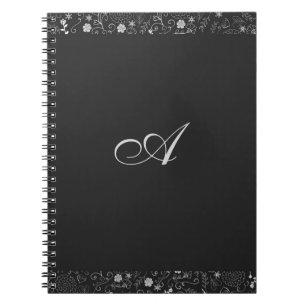 Caderno Espiral Cinza Carvão & Prata Floral Folheado Rústico Elega