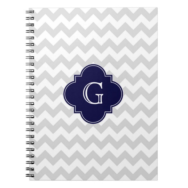 Caderno Espiral Cinza Claro Marinho Quatrefoil Branco (Frente)