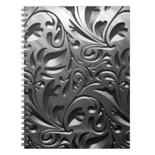 Caderno Espiral Cinza de aspecto gravado em metal prateado