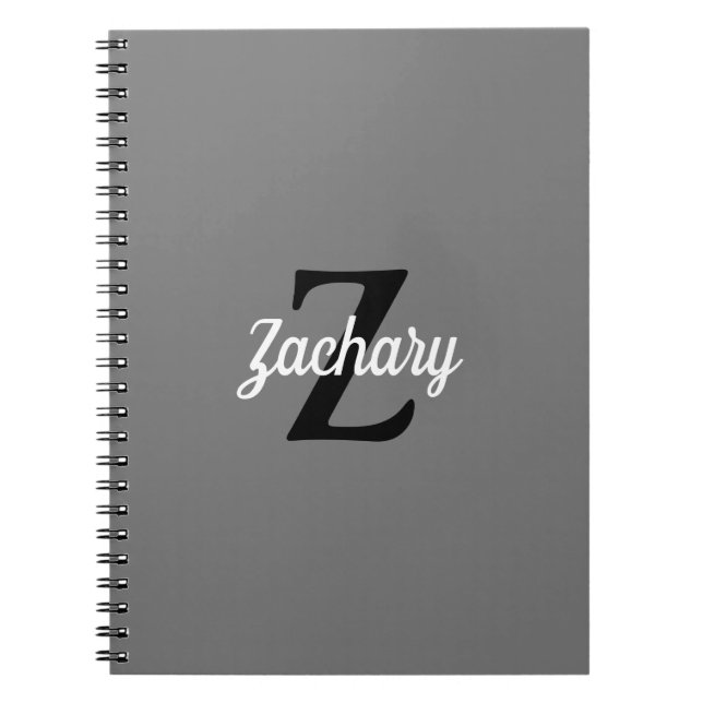 Caderno Espiral Cinza de Monograma Personalizado Branco Preto (Frente)