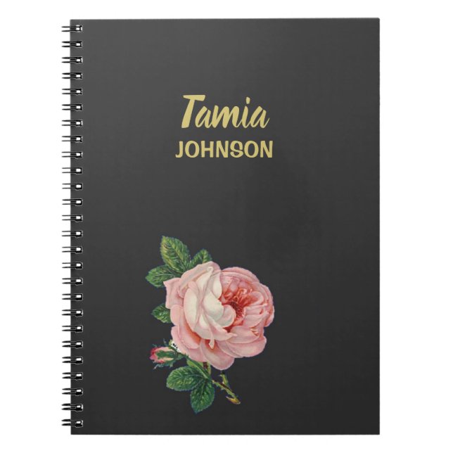 Caderno Espiral Cinza de nome personalizado de flor rosa (Frente)