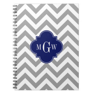 Caderno Espiral Cinza Dk Lg Chevron Marinho Quatrefoil 3 Monograma