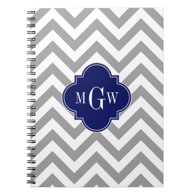 Caderno Espiral Cinza Dk Lg Chevron Marinho Quatrefoil 3 Monograma (Frente)
