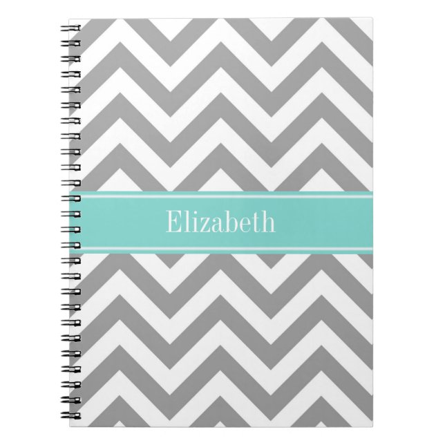 Caderno Espiral Cinza Dk White LG Chevron Turquoise Nome Monograma (Frente)