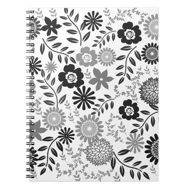 Caderno Espiral Cinza e padrão negro floral (Frente)