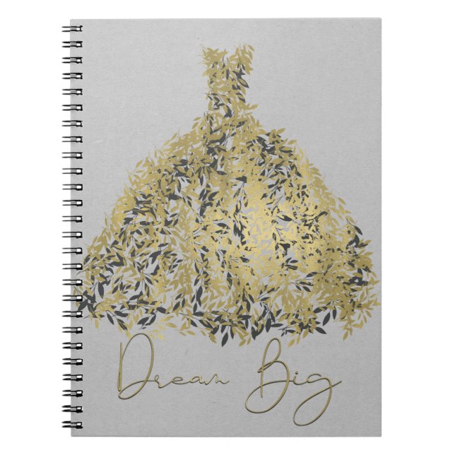 Caderno Espiral Cinza Natural Dourada Sonho de Vestido Botânico Mo (Frente)