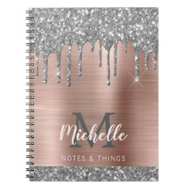 Caderno Espiral Cinza Silver Monograma Glitter Gota Lata-Rosa