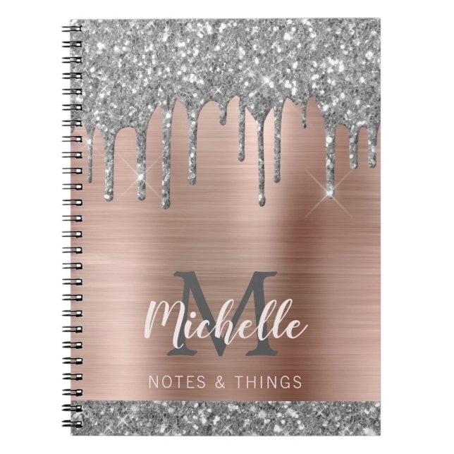 Caderno Espiral Cinza Silver Monograma Glitter Gota Lata-Rosa (Frente)