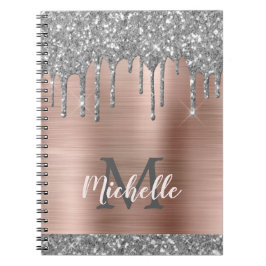 Caderno Espiral Cinza Silver Monograma Glitter Gota Lata-Rosa