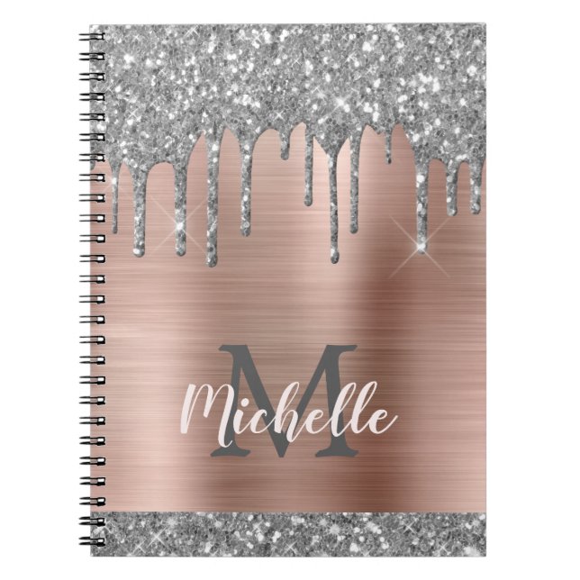 Caderno Espiral Cinza Silver Monograma Glitter Gota Lata-Rosa (Frente)