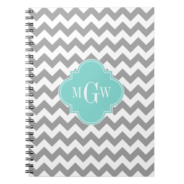 Caderno Espiral Cinza Whevron Aqua Quatrefoil 3 Monograma (Frente)